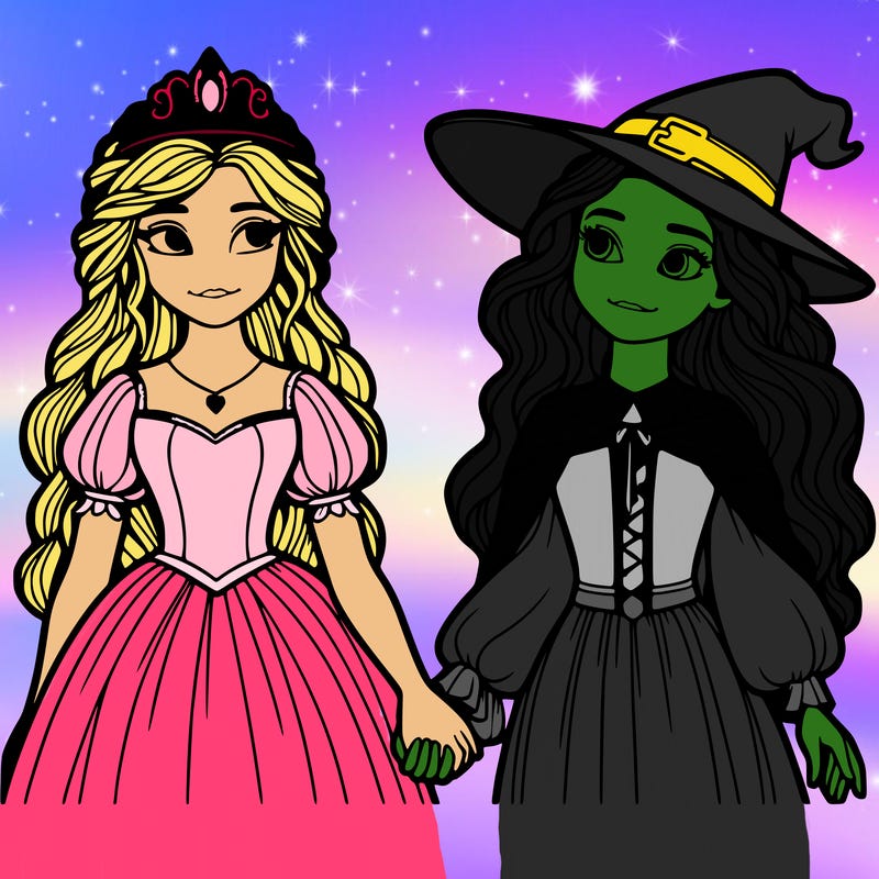 a princess and a witch holding hands realistic