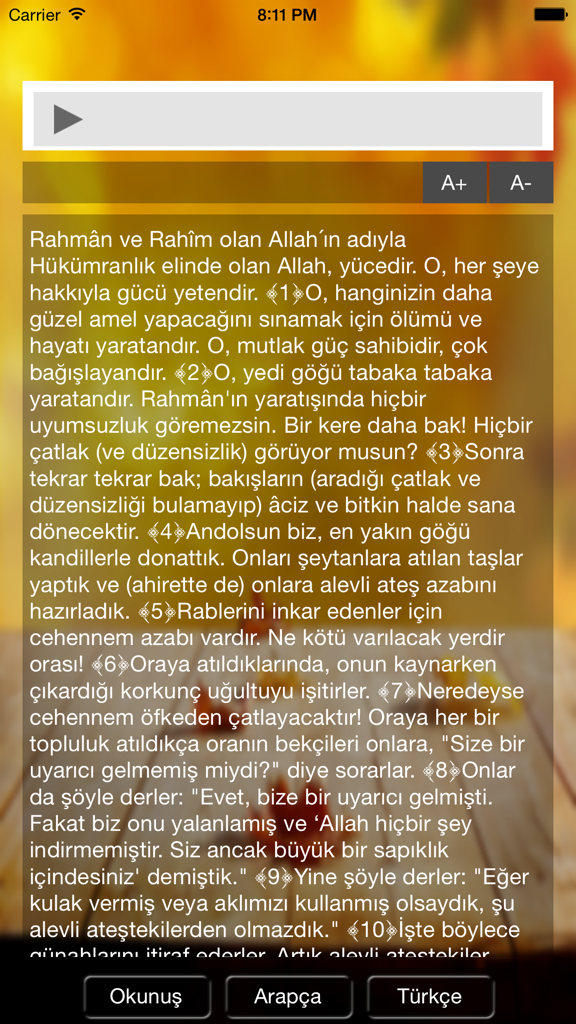 Tebareke Suresi - Interface of the Tebareke Suresi app displaying the Turkish translation of the Quranic chapter