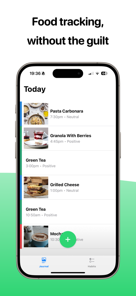 Simple Food Tracker - Simple Food Tracker app screen showing a daily log of meals with photos and mindful ratings.