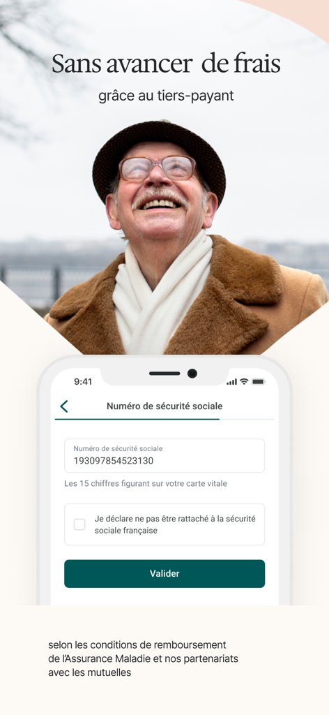 MedecinDirect | Consultez 24/7 - Interface de l'application mobile MedecinDirect affichant le champ de saisie du numéro de sécurité sociale pour la prise en charge par un tiers
