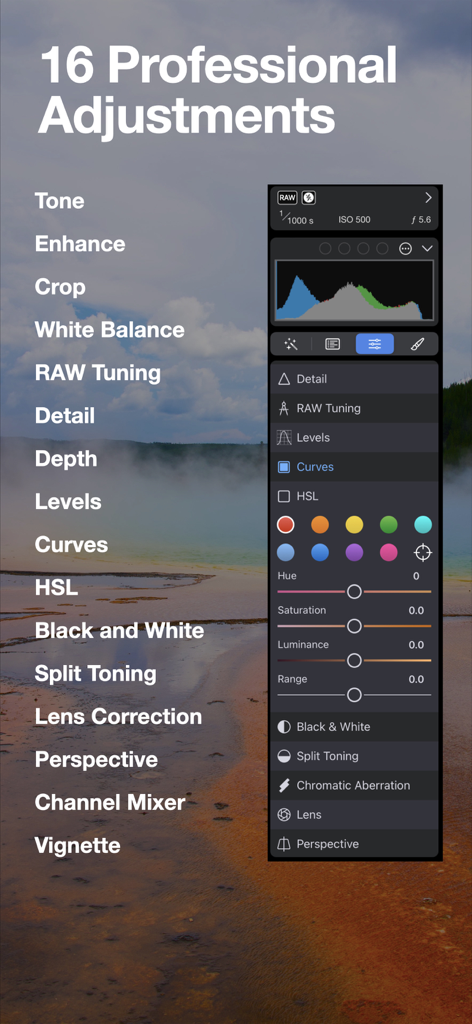 Nitro Photo app showing 16 professional adjustments including HSL and curves