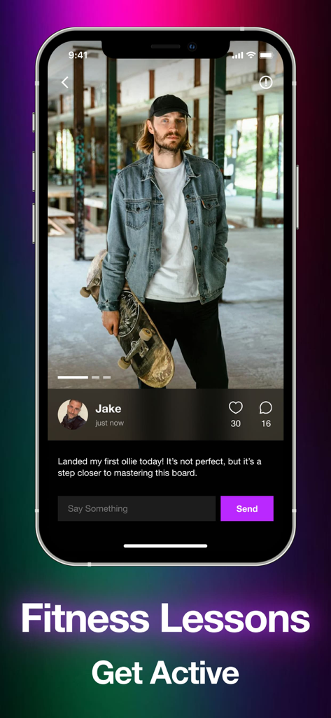 Duvet app interface showing a user post about skateboarding progress and community engagement features