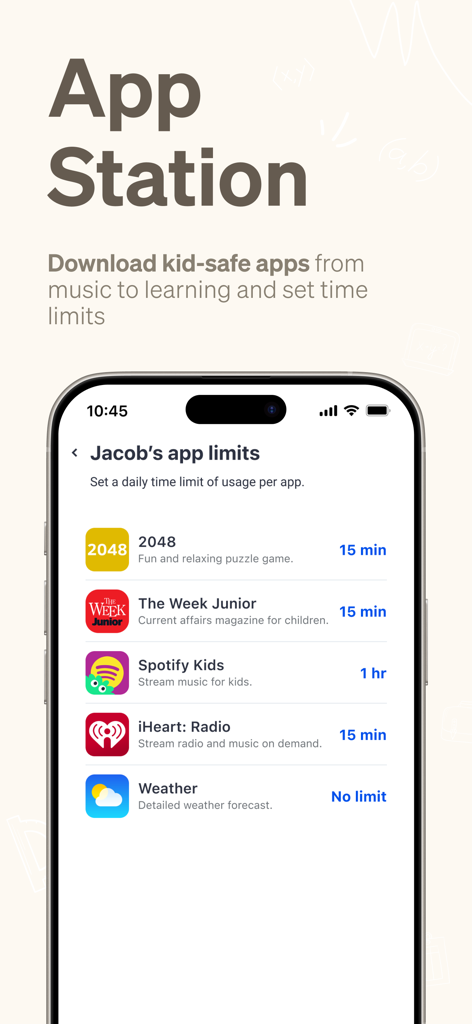 COSMO: Mission Control - COSMO Mission Control app screen showing parental controls for setting daily time limits on child safe apps
