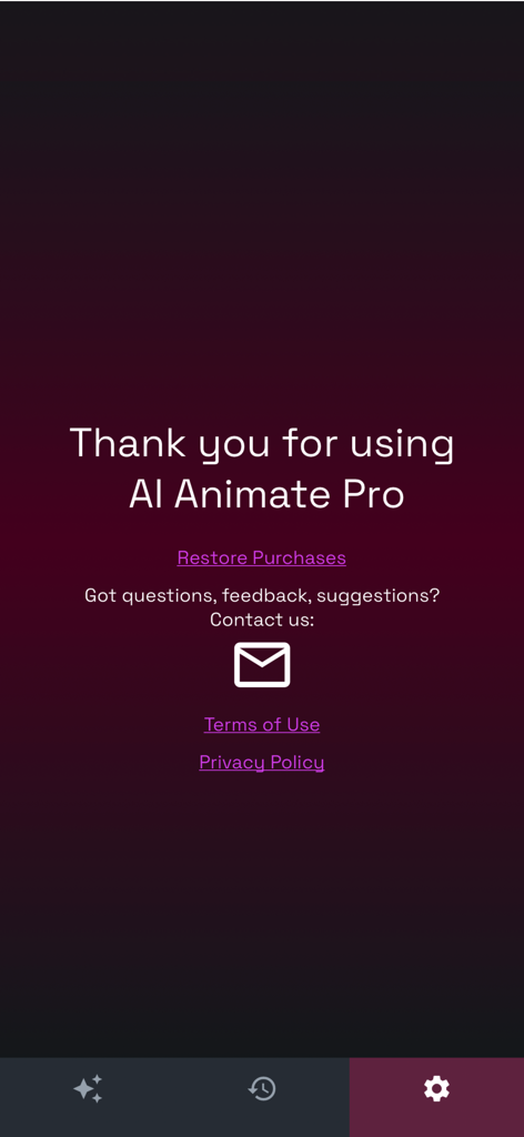 AI Animate: Photo to Video App - Tela de configurações do aplicativo móvel AI Animate Pro com links de suporte e legais.
