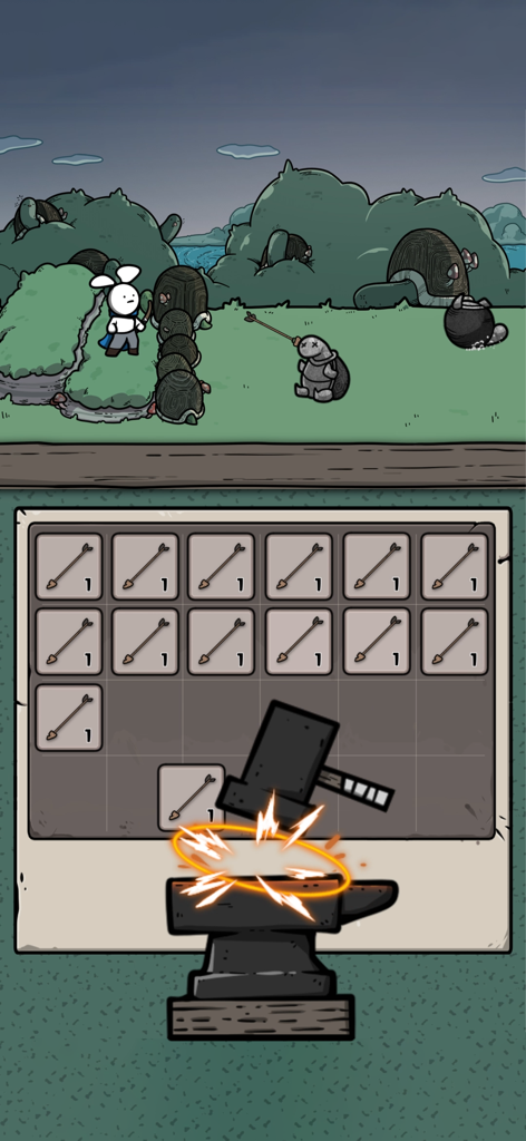 A screenshot of Archer Forest Idle Defense showing a rabbit archer in combat and the arrow merging anvil interface.