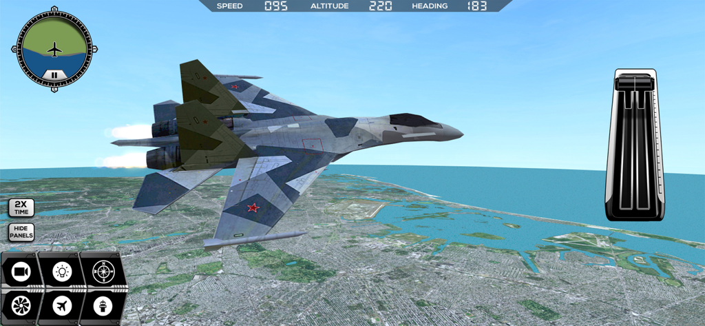 Ein Militärjet fliegt in der Flight Simulator FlyWings 2014 App über New York City