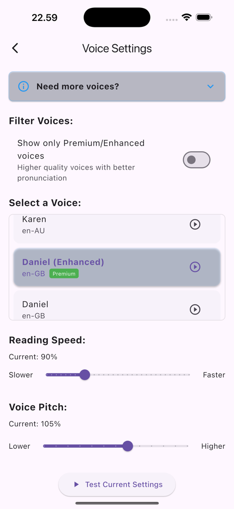 Audio Reader - EPUB to Audio - Voice settings interface showing options for premium voice selection, reading speed, and pitch adjustments