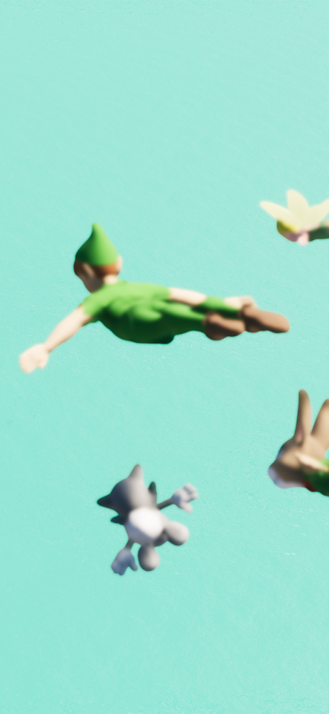 Peter Pan y sus amigos volando contra un fondo de color turquesa brillante en un estilo artístico lindo