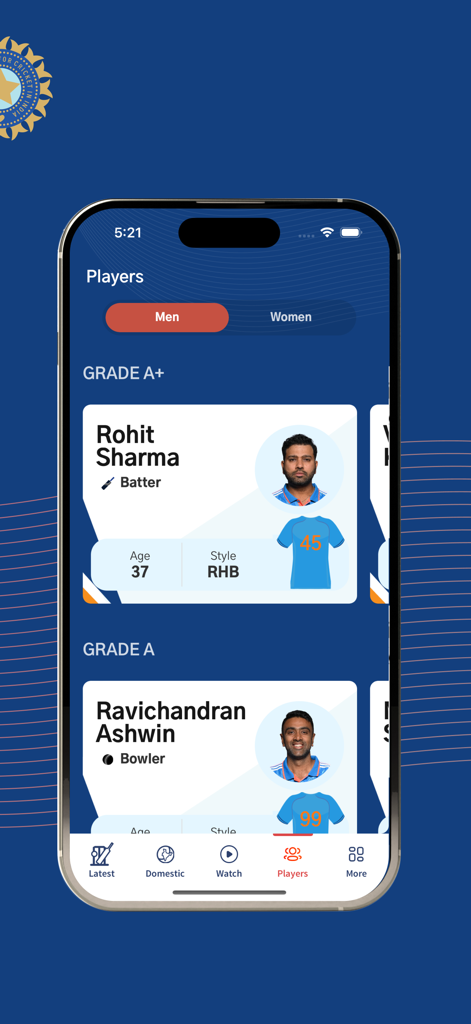 Captura de pantalla de la aplicación oficial de BCCI mostrando la sección de perfiles de jugadores con tarjetas para Rohit Sharma y Ravichandran Ashwin.