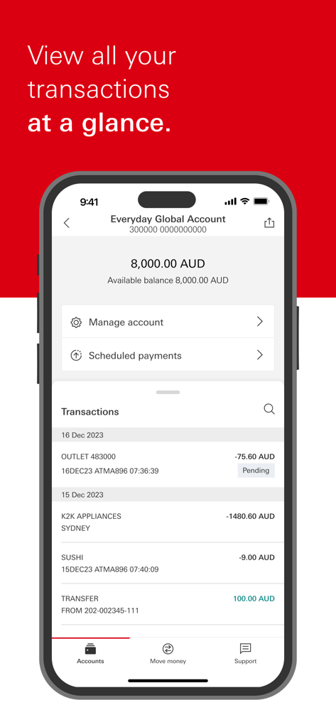HSBC Australia - Interface de l'application mobile HSBC Australie affichant le solde du compte et une liste des transactions récentes.