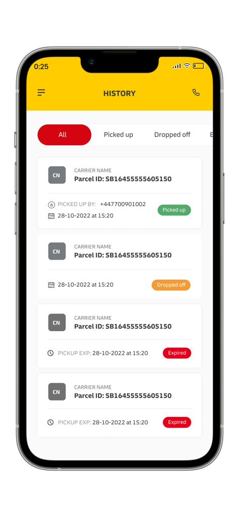The delivery history screen of the DHL Express Lockers app displaying a list of parcels with statuses like picked up, dropped off, and expired.