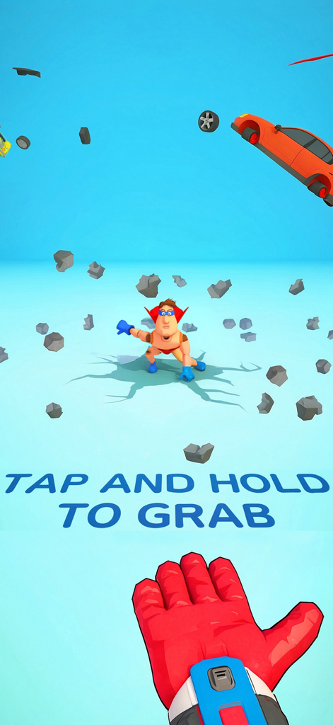 Hero Capture : Grab and Tear - 떠다니는 잔해 속에서 히어로 더미를 잡으려는 빨간 장갑 낀 손을 보여주는 히어로 캡처의 게임 플레이 스크린샷.