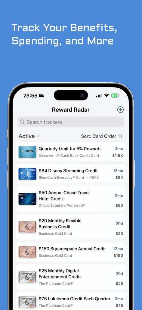 RewardRadar: Credit Cards - A smartphone screen showing the RewardRadar app with a list of active credit card benefit trackers including rewards limits and statement credits
