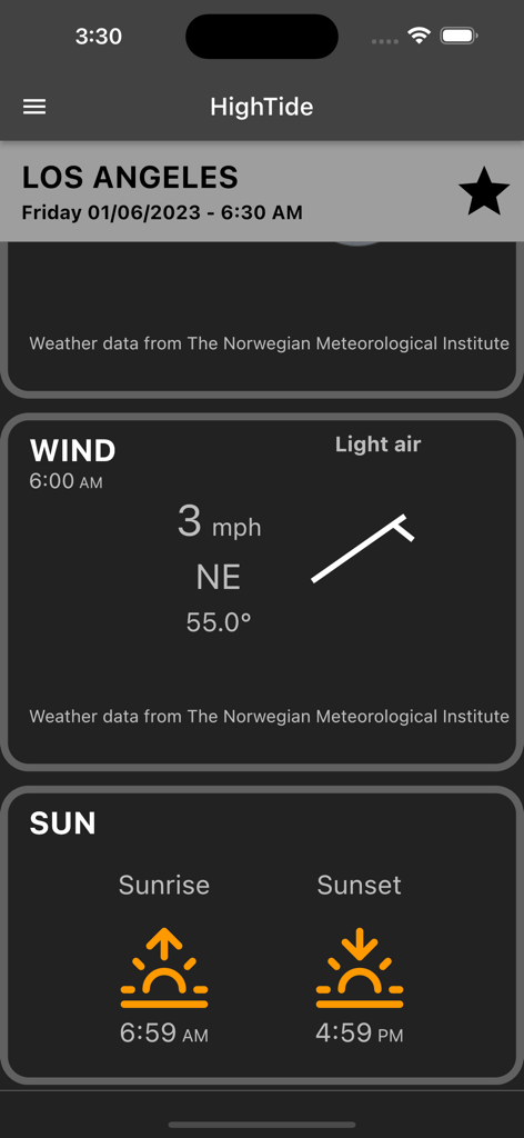 Interface do aplicativo HighTide mostrando direção e velocidade do vento e horários do nascer e pôr do sol para Los Angeles