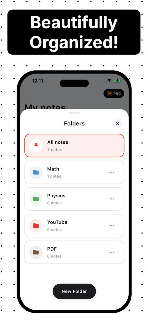 AI Note Taker - Cobnote - A mobile interface for Cobnote showing an organized folder list including categories for Math and Physics