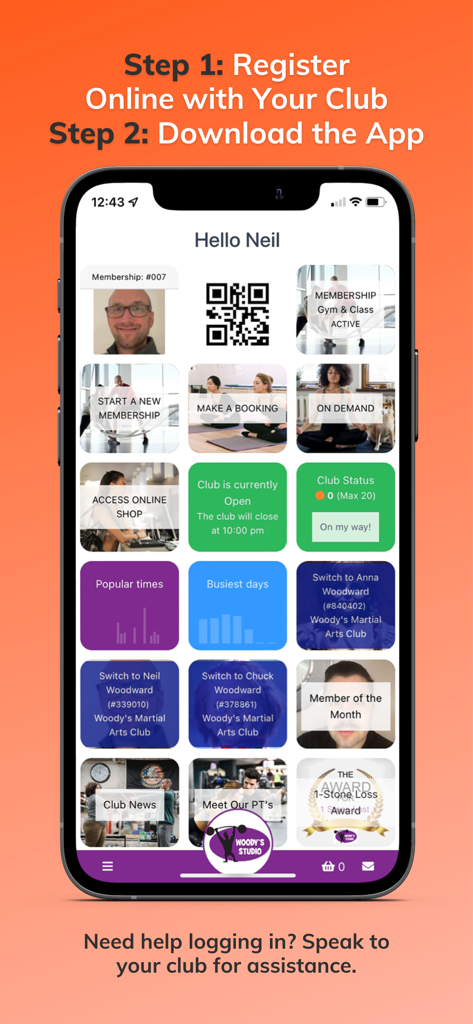 ClubRight mobile app home screen with QR code access and club booking tiles