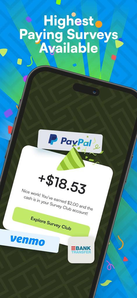Survey Club - Survey Club mobile app screen showing a cash reward notification and payout options including PayPal and Venmo