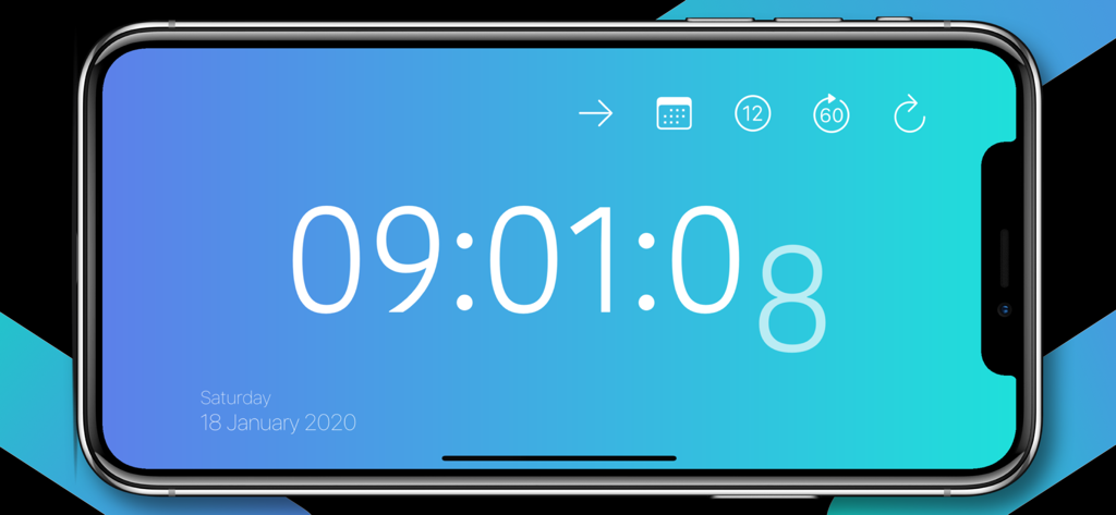 Big Clock - Pro Time Widgets - Um grande relógio digital mostrando hora e data em um fundo de gradiente azul em modo paisagem.