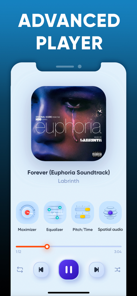 Equalizer - Volume Booster EQ - Interfaccia avanzata del lettore musicale con massimizzatore di volume e controlli dell'equalizzatore per il miglioramento audio mobile