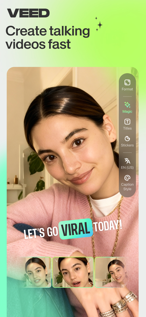 Oberfläche der VEED Shorts App, die einen Videocreator mit viralen Untertiteln und Bearbeitungswerkzeugen zeigt