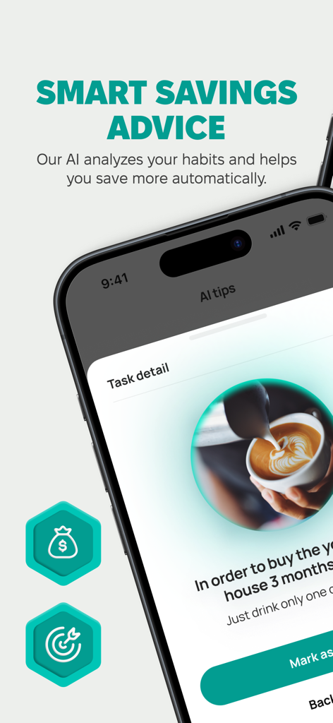 AI Budget Calculator - Aisance - Smartphone screen displaying Aisance app smart savings advice with AI tips to reach financial goals