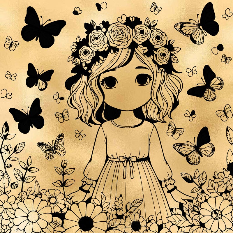 realistic girl surrounded by flowers and butterflies