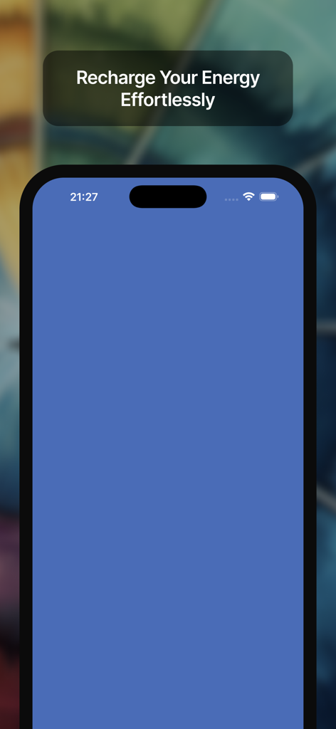 RelaxColors: Light Therapy AI - Un smartphone que muestra una pantalla de terapia de luz azul sólida de la aplicación RelaxColors con un banner que dice Recarga tu energía sin esfuerzo.