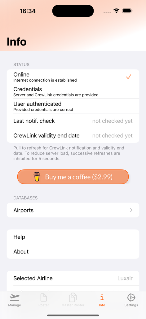 La schermata informazioni e stato dell'app RosterX che visualizza lo stato della connessione della compagnia aerea, l'autenticazione delle credenziali e un pulsante 'buy me a coffee'.