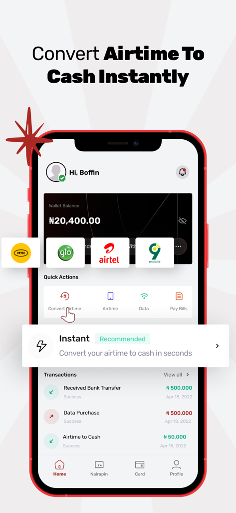 Mobile app interface for Aimtoget Wallet showing how to convert mobile airtime to cash instantly in Nigeria