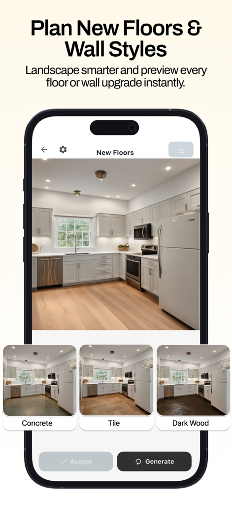 Remodel AI - Home Design - Interface de l'application mobile montrant des aperçus de sols de cuisine générés par IA pour des styles de béton ciré et de bois foncé