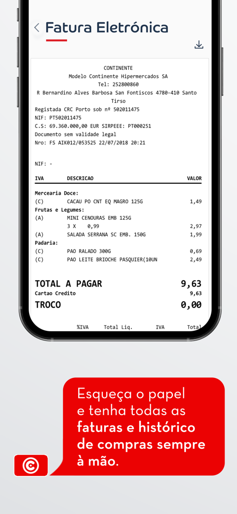 Cartão Continente - Um recibo de compra digital exibido na interface da aplicação móvel Cartão Continente