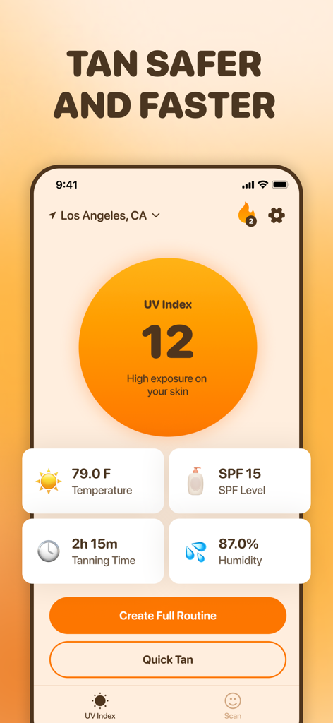 SPF: Tanning & UV Index App - Dashboard of the SPF Tanning app displaying a high UV index of 12 and current tanning stats in Los Angeles