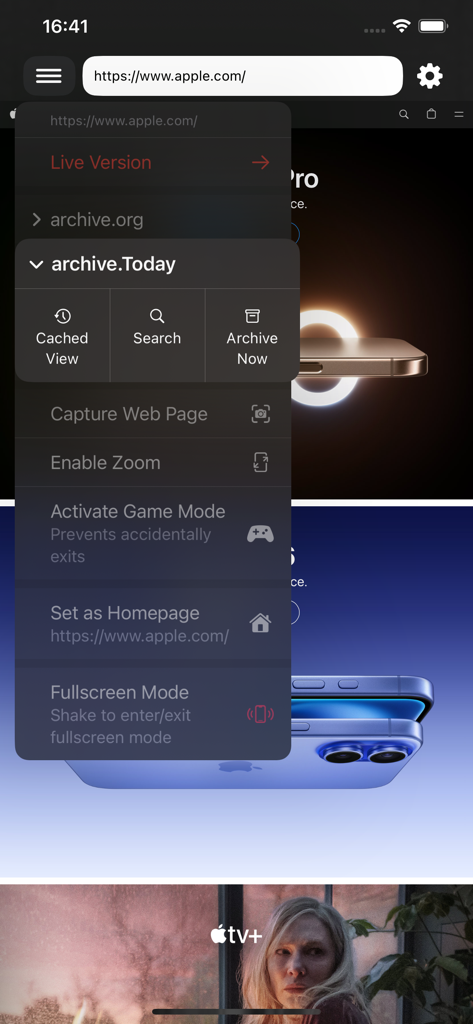 Cached View - Cached View app interface showing menu options for web archiving and fullscreen mode
