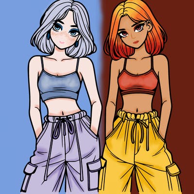 two girls with crop top with baggy pants