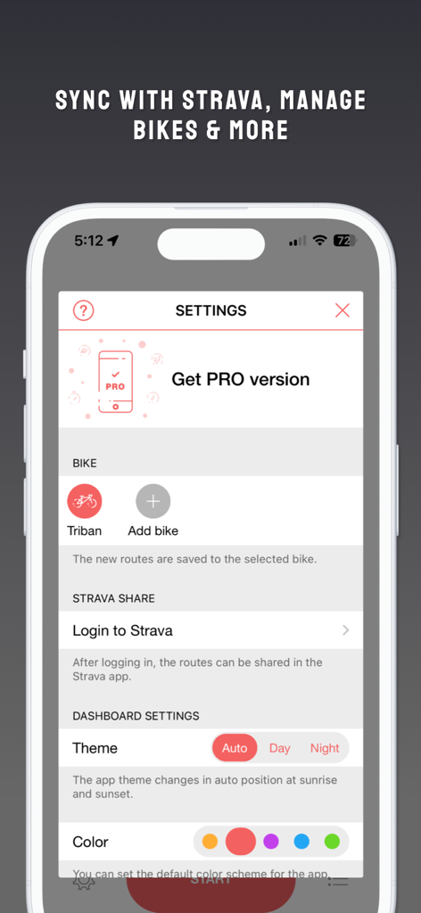 Bike GPS: Ride route tracker - Pantalla de configuración de GPS para Bicicleta que muestra la gestión de perfiles de bicicleta y la integración de Strava