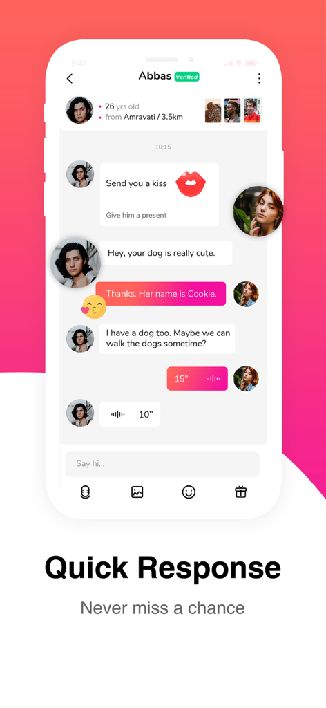 Newe: LGBTQ+ Dating & Chat App - Mobile app screen showing the chat interface and quick response feature of the Newe LGBTQ dating app.
