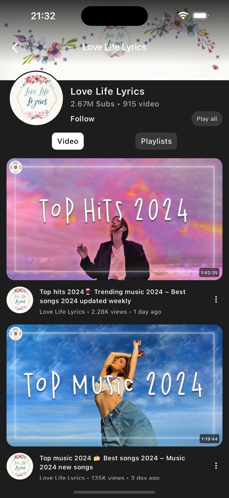 Oberfläche der Play Tube App, die ein Musikkanalprofil mit angesagten Musikvideos von 2024 anzeigt.