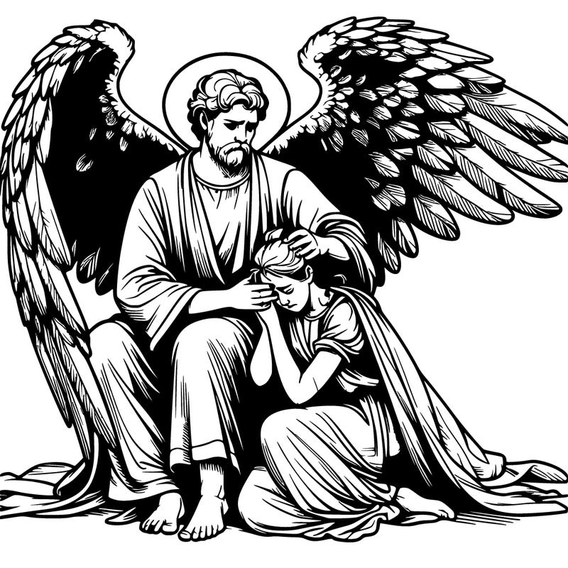 realistic angel man with big wings holding around his crying grown up daughter