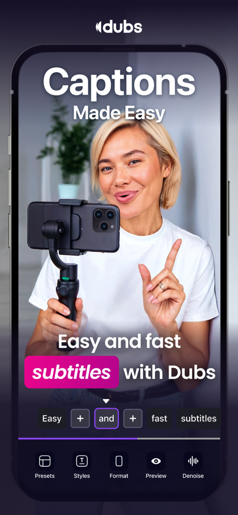 AI Captions for Videos - Dubs - Oberfläche der Dubs-App, die zeigt, wie ein Creator ein Video mit automatischen Untertiteln und Text aufnimmt