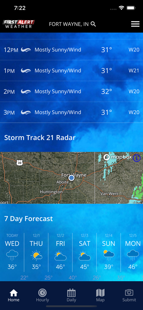 21Alive First Alert Weather - Interface of 21Alive First Alert Weather app showing the hourly forecast, storm track radar map, and 7-day outlook for Fort Wayne, Indiana.