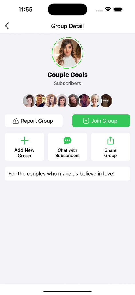 Mobile app screen showing WhatsApp group details for Couple Goals with buttons to join or chat with subscribers