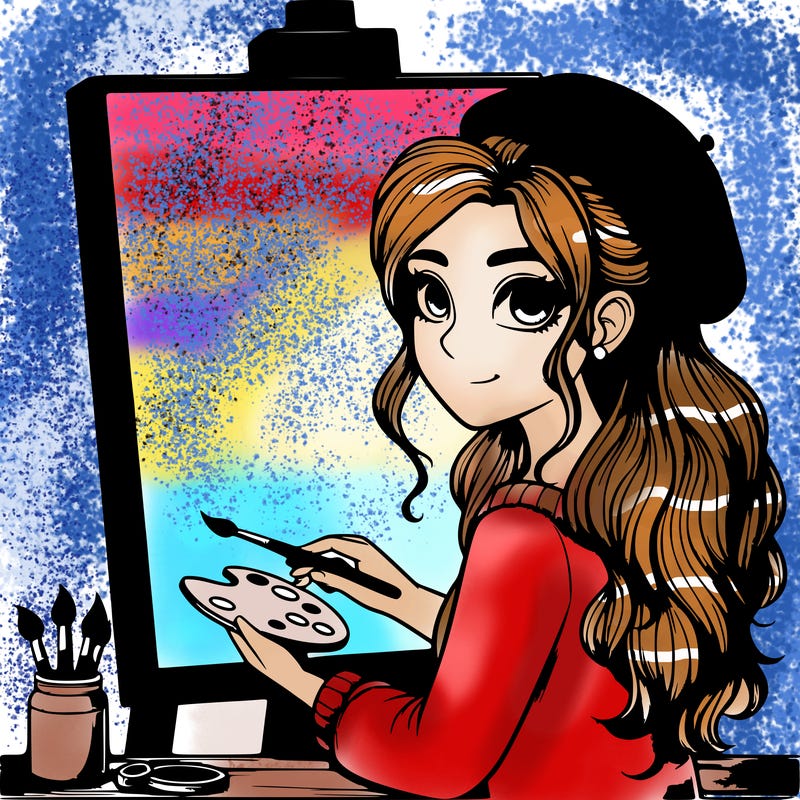 realistic girl artist painting a blank canvas