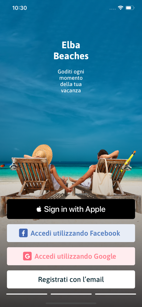 Elba Beaches - Schermata di accesso dell'app Spiagge dell'Elba con uno sfondo scenico di spiaggia e opzioni di accesso tramite social media