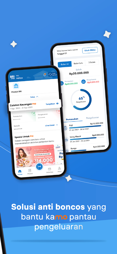 Two smartphones displaying the BRImo app interface with personal financial tracking and expense monitoring features.