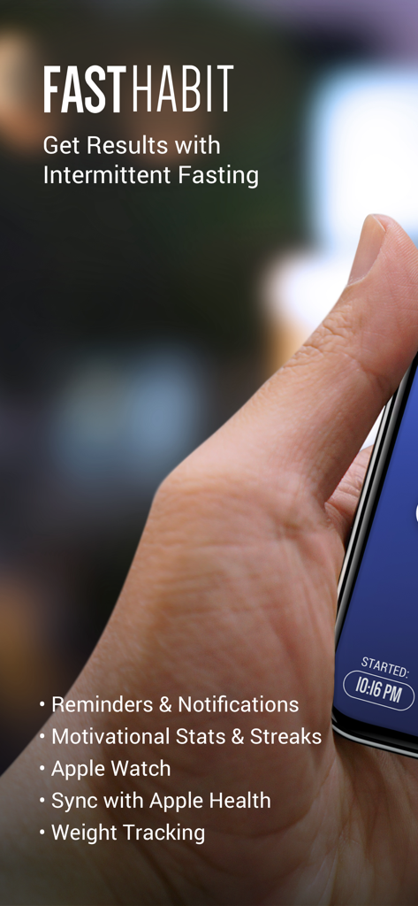 FastHabit Intermittent Fasting - FastHabit Intermittent Fasting app splash screen showing main features like Apple Watch and Health sync