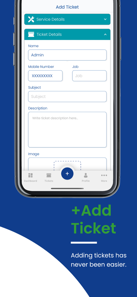 Eine mobile Benutzeroberfläche der Ultimate CRM App, die das Formular zum Hinzufügen eines Wartungstickets mit Feldern für Kontakt- und Auftragsdetails zeigt.