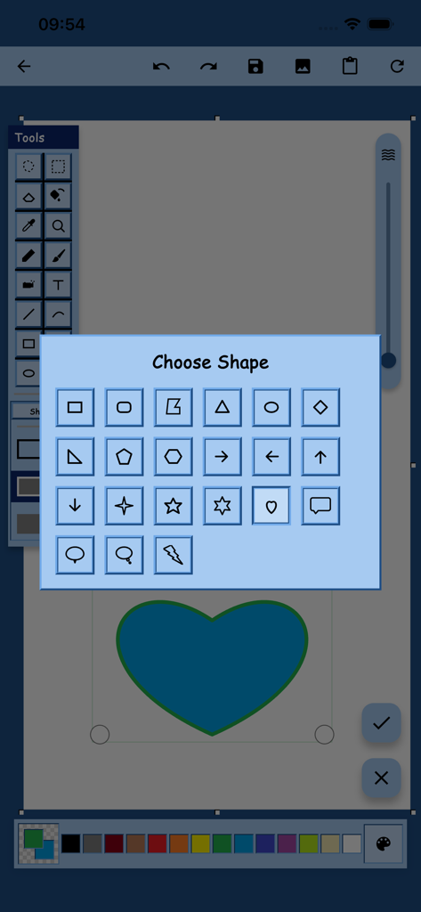 Ms Paint - 복고풍 아이콘과 파란색 하트가 특징인 Ms Paint 앱의 모양 선택 메뉴
