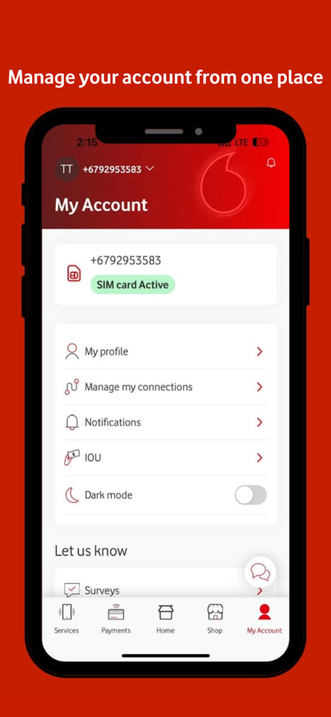 My Account screen of the My Vodafone Fiji app showing active SIM status and profile settings