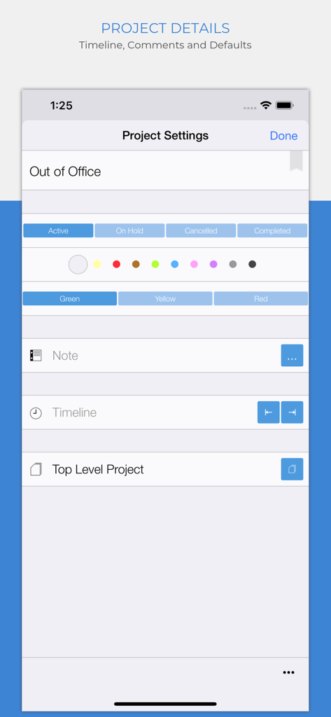 Organize Meアプリのプロジェクト詳細画面に、ステータスオプションと信号機優先順位インジケーターが表示されています。