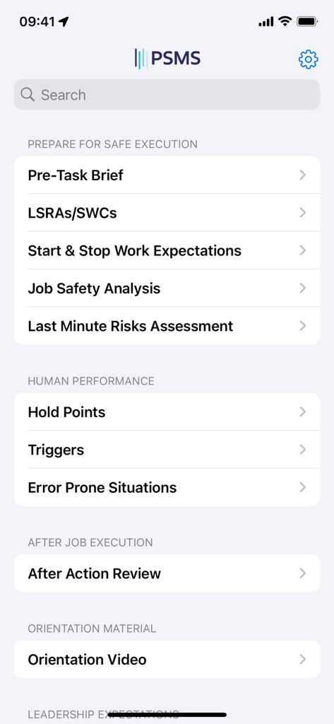 ExxonMobil PSMS - Interface of the ExxonMobil PSMS app showing safety categories like Pre-Task Brief and Job Safety Analysis